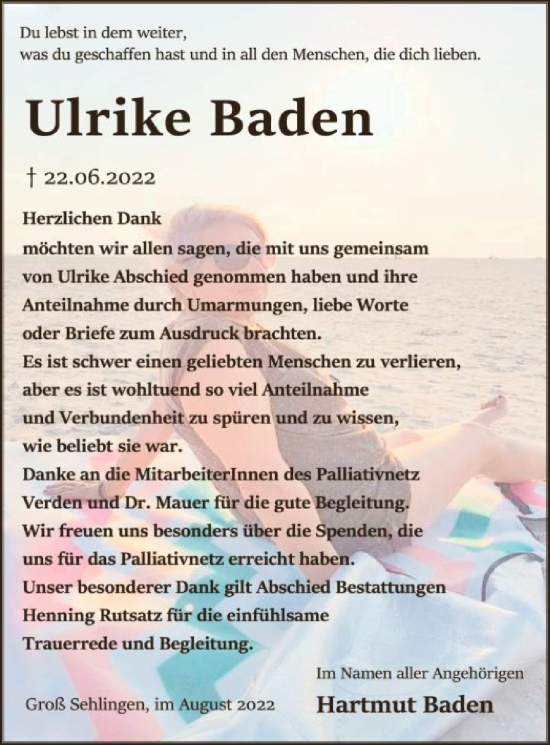 Todesanzeige von Ulrike Baden von SYK