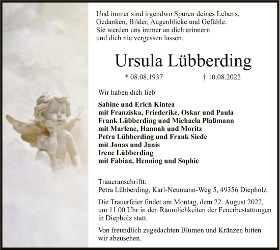 Todesanzeige von Ursula Lübberding von SYK