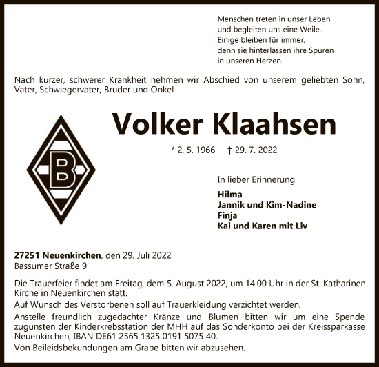 Todesanzeige von Volker Klaahsen von SYK