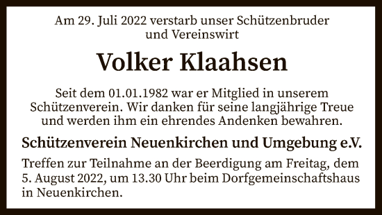 Todesanzeige von Volker Klaahsen von SYK