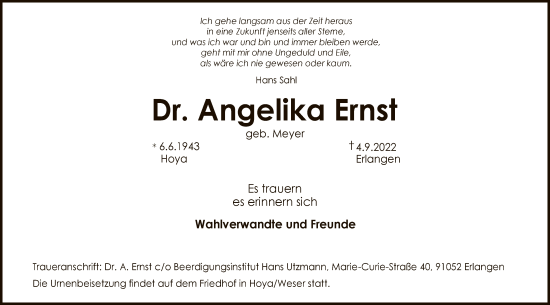 Todesanzeige von Angelika Ernst von SYK