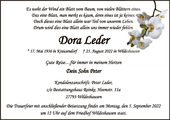 Todesanzeige von Dora Leder von SYK