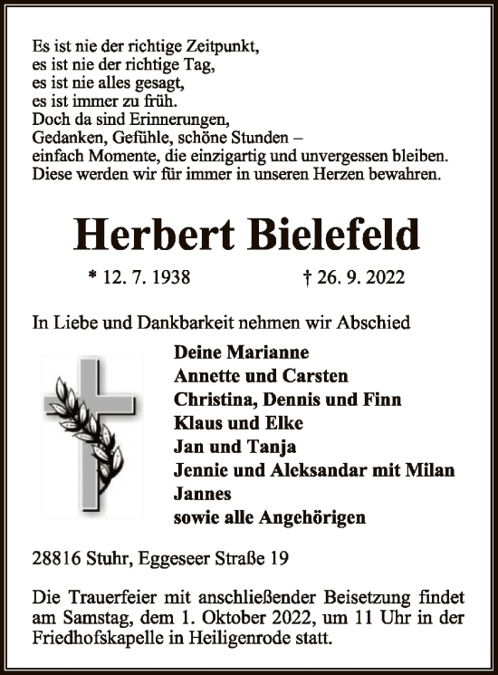 Todesanzeige von Herbert Bielefeld von SYK