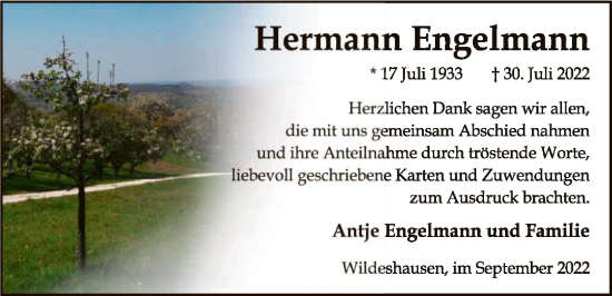 Todesanzeige von Hermann Engelmann von SYK