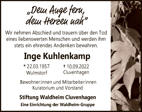 Todesanzeige von Inge Kuhlenkamp von SYK