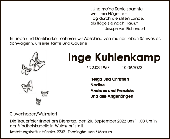 Todesanzeige von Inge Kuhlenkamp von SYK