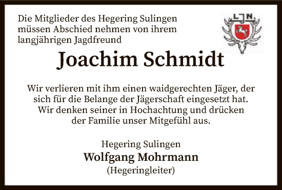 Todesanzeige von Joachim Schmidt von SYK