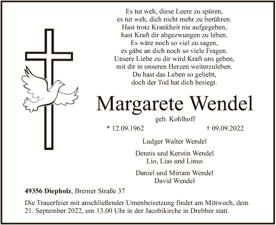 Todesanzeige von Margarete Wendel von SYK