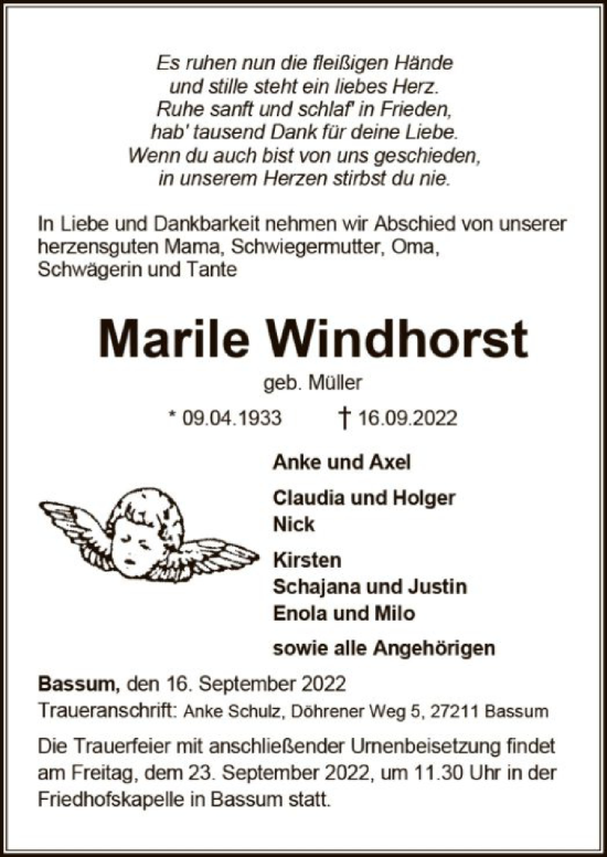 Todesanzeige von Marile Windhorst von SYK