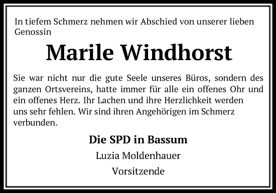 Todesanzeige von Marile Windhorst von SYK