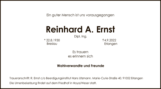 Todesanzeige von Reinhard A. Ernst von SYK
