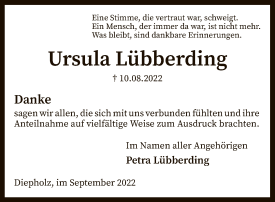 Todesanzeige von Ursula Lübberding von SYK