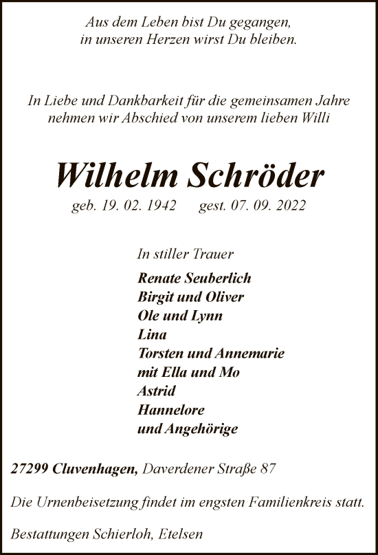 Todesanzeige von Wilhelm Schröder von SYK