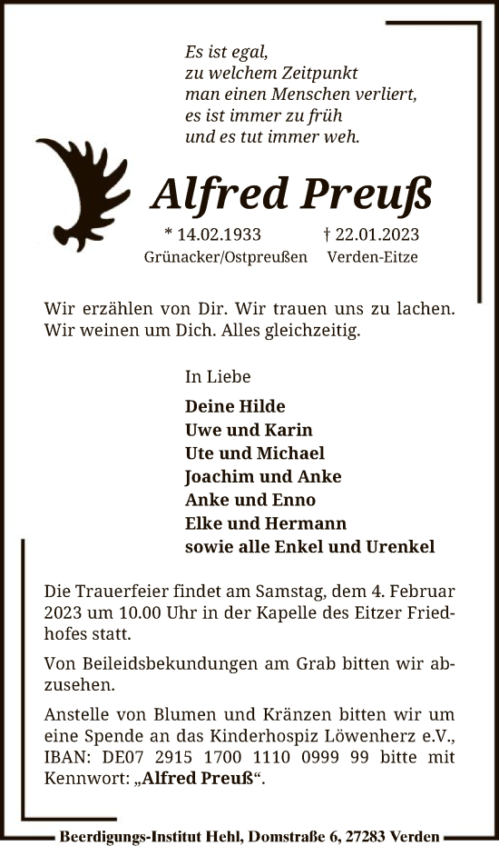 Todesanzeige von Alfred Preuß von SYK