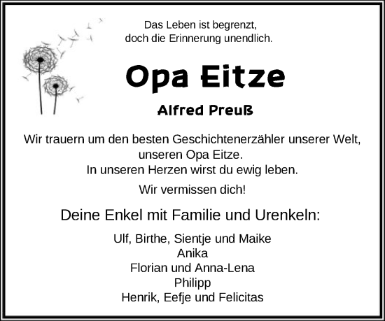 Todesanzeige von Alfred Preuß von SYK