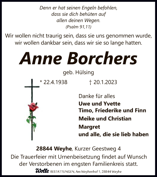 Todesanzeige von Anne Borchers von SYK