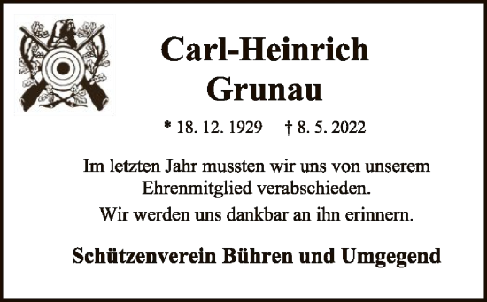Todesanzeige von Carl-Heinrich Grunau von SYK
