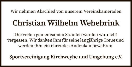 Todesanzeige von Christian Wilhelm Wehebrink von SYK