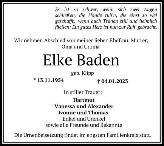 Todesanzeige von Elke Baden von SYK
