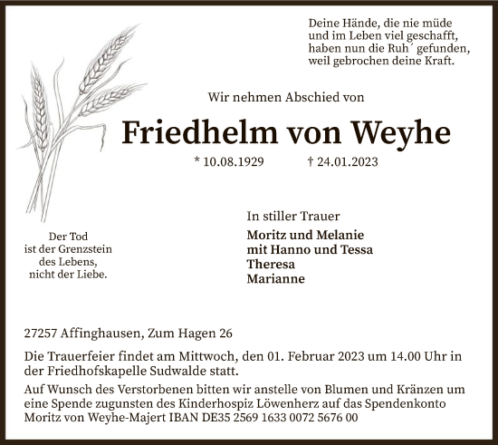 Todesanzeige von Friedhelm von Weyhe von SYK