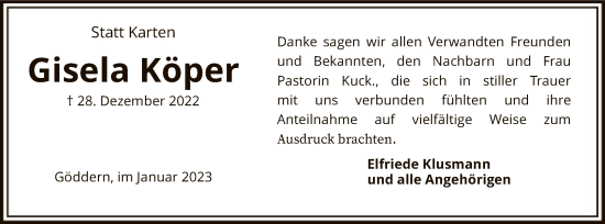 Todesanzeige von Gisela Köper von SYK