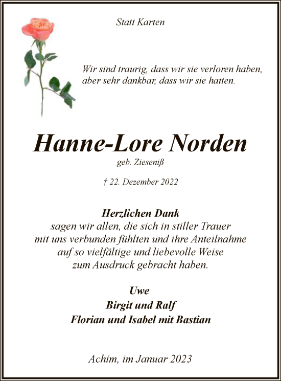 Todesanzeige von Hanne-Lore Norden von SYK