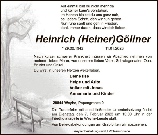 Todesanzeige von Heinrich Göllner von SYK