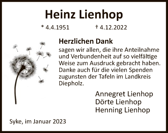Todesanzeige von Heinz Lienhop von SYK