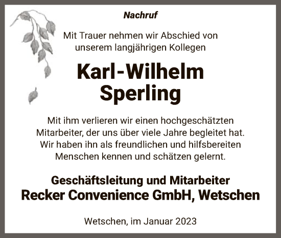 Todesanzeige von Karl-Wilhelm Sperling von SYK
