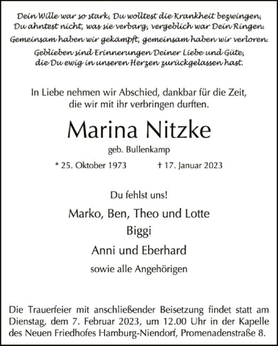 Todesanzeige von Marina Nitzke von SYK