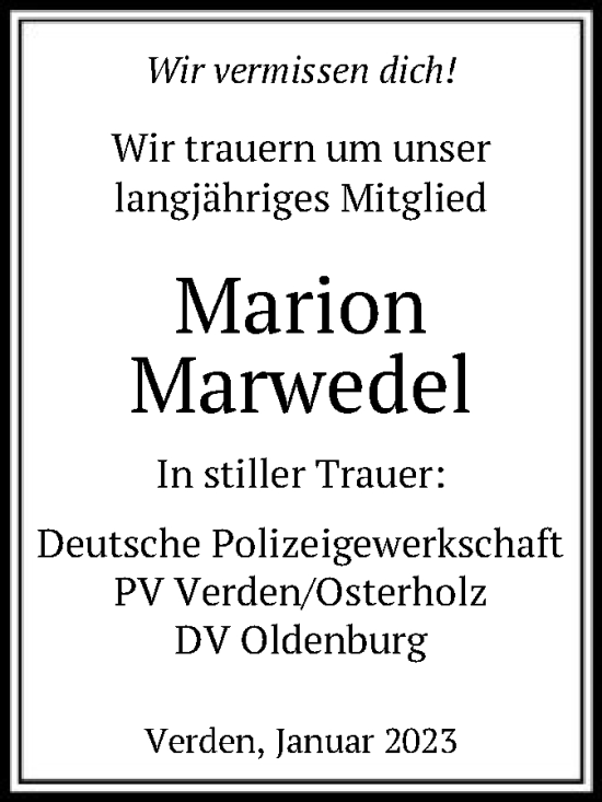 Todesanzeige von Marion Marwedel von SYK