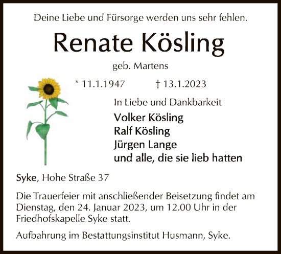 Todesanzeige von Renate Kösling von SYK