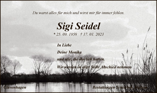 Todesanzeige von Sigi Seidel von SYK