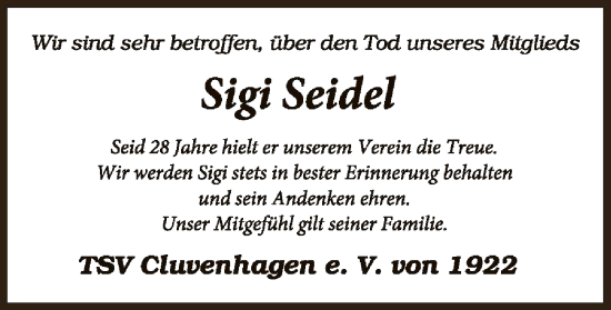 Todesanzeige von Sigi Seidel von SYK