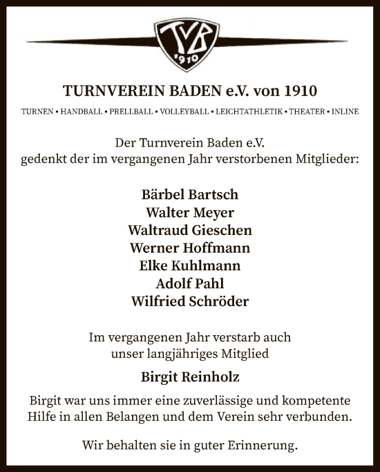 Todesanzeige von TURNVEREIN BADEN e.V. von 1910 gedenkt von SYK