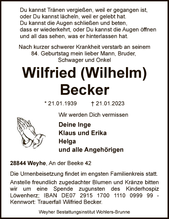 Todesanzeige von Wilfried Becker von SYK