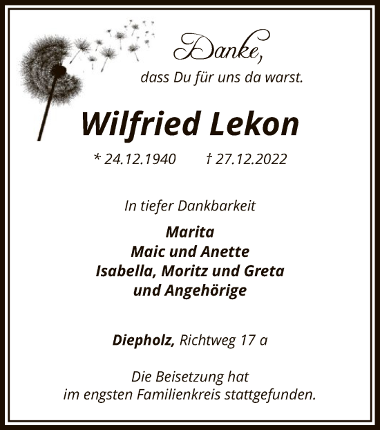 Todesanzeige von Wilfried Lekon von SYK