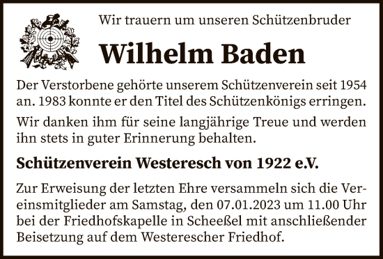 Todesanzeige von Wilhelm Baden von SYK