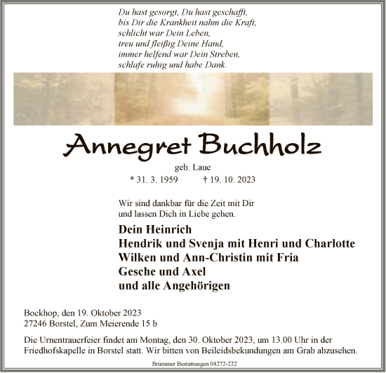 Todesanzeige von Annegret Buchholz von SYK