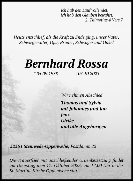Todesanzeige von Bernhard Rossa von SYK