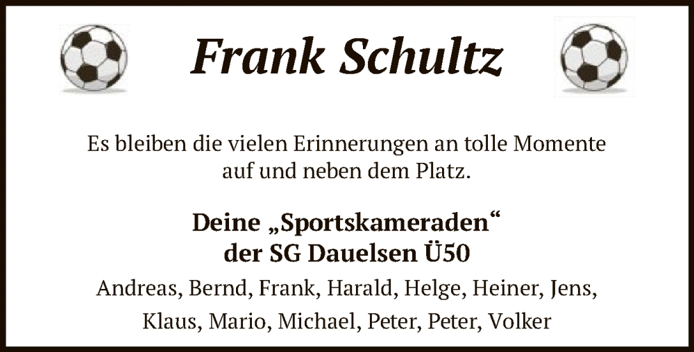  Traueranzeige für Frank Schultz vom 14.10.2023 aus SYK