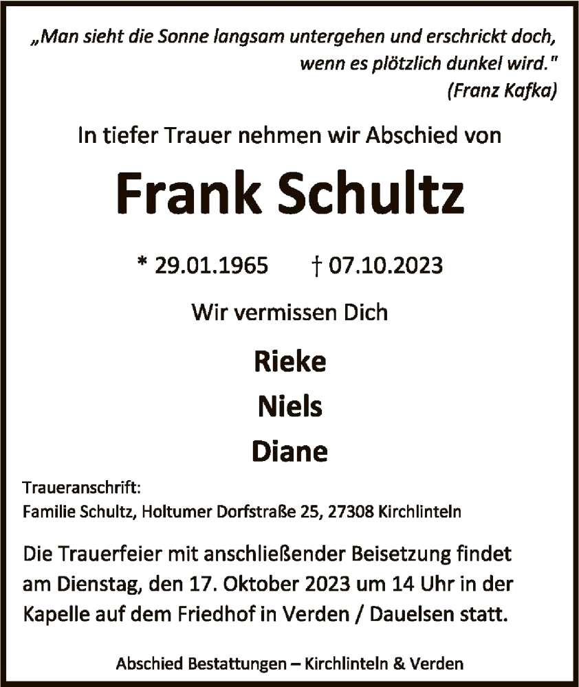  Traueranzeige für Frank Schultz vom 14.10.2023 aus SYK