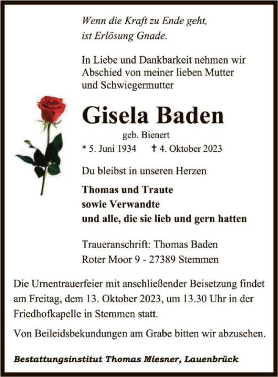 Todesanzeige von Gisela Baden von SYK