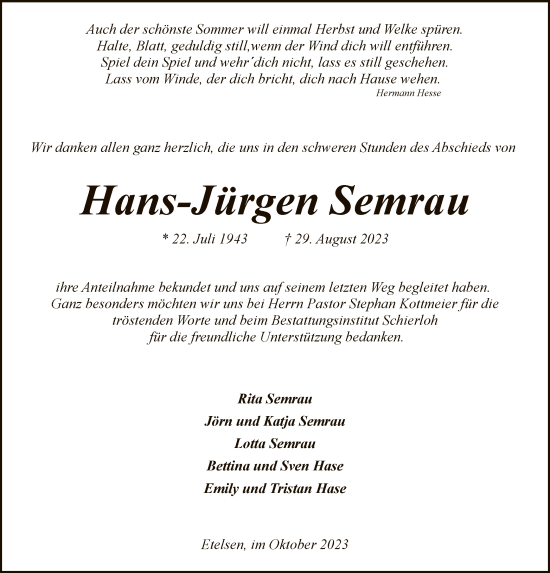 Todesanzeige von Hans-Jürgen Semrau von SYK