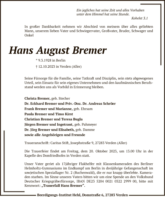 Todesanzeige von Hans August Bremer von SYK