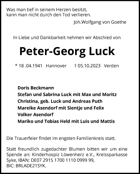Todesanzeige von Peter-Georg Luck von SYK