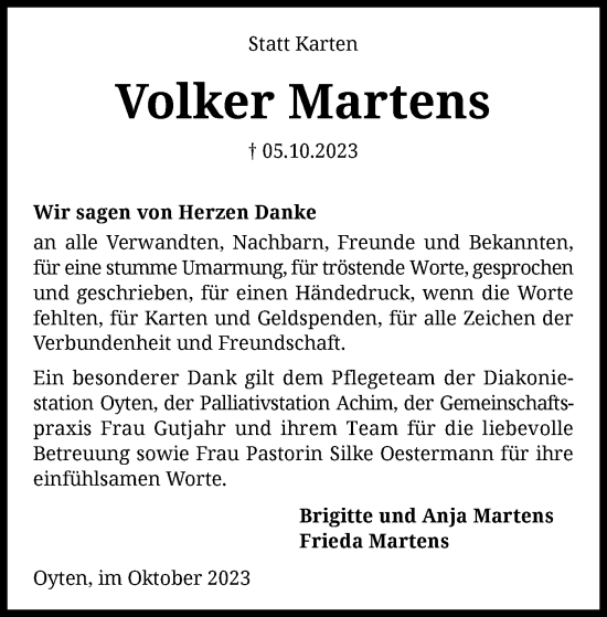 Todesanzeige von Volker Martens von SYK