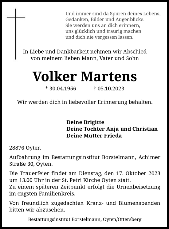 Todesanzeige von Volker Martens von SYK