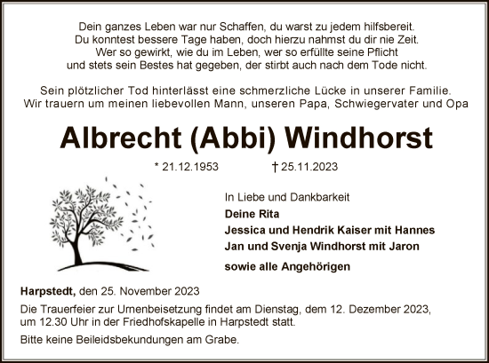 Todesanzeige von Albrecht Windhorst von SYKSYK