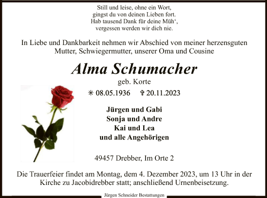Todesanzeige von Alma Schumacher von SYK